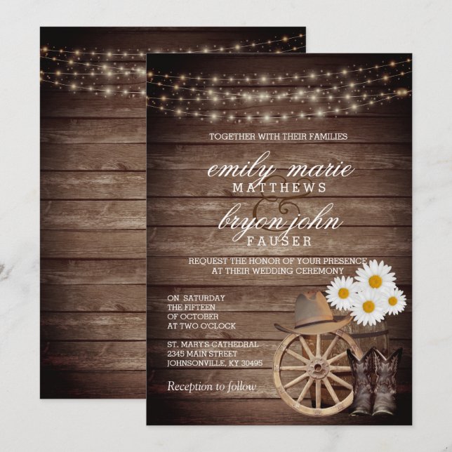 Country Wood Barrel Hochzeit mit Daisy Blume Einladung (Vorne/Hinten)