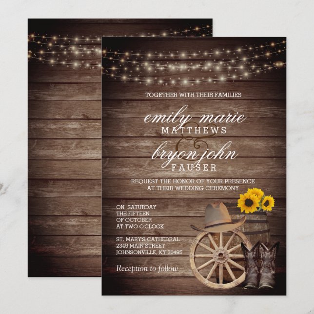 Country Wood Barrel Hochzeit mit Sonnenblumen Einladung (Vorne/Hinten)
