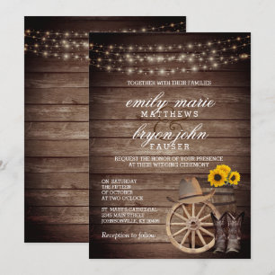 Country Wood Barrel Hochzeit mit Sonnenblumen Einladung
