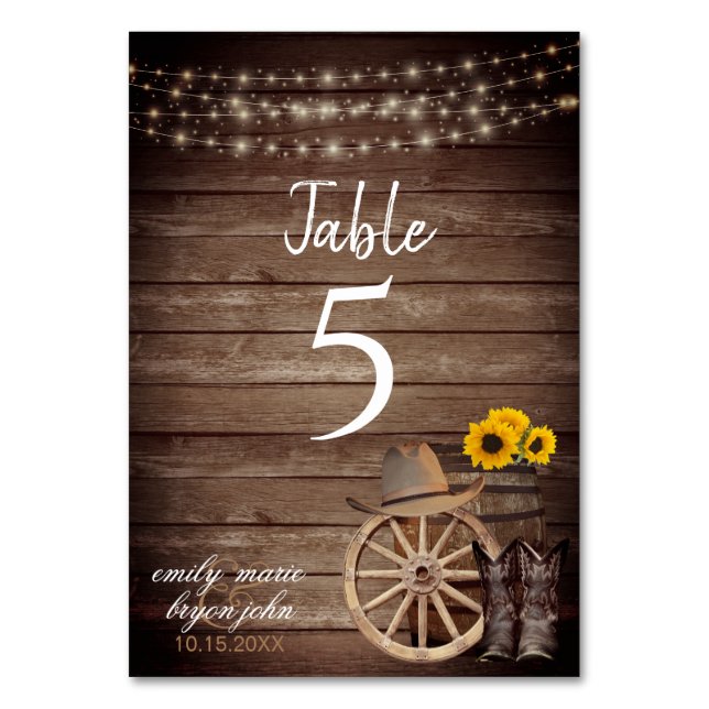 Country Wood Barrel Hochzeit mit Sonnenblumen Tischnummer (Vorderseite)