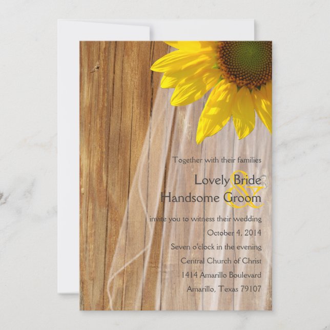 Country Wood Bridal Veil Sonnenblume Hochzeitsempf Einladung (Vorderseite)