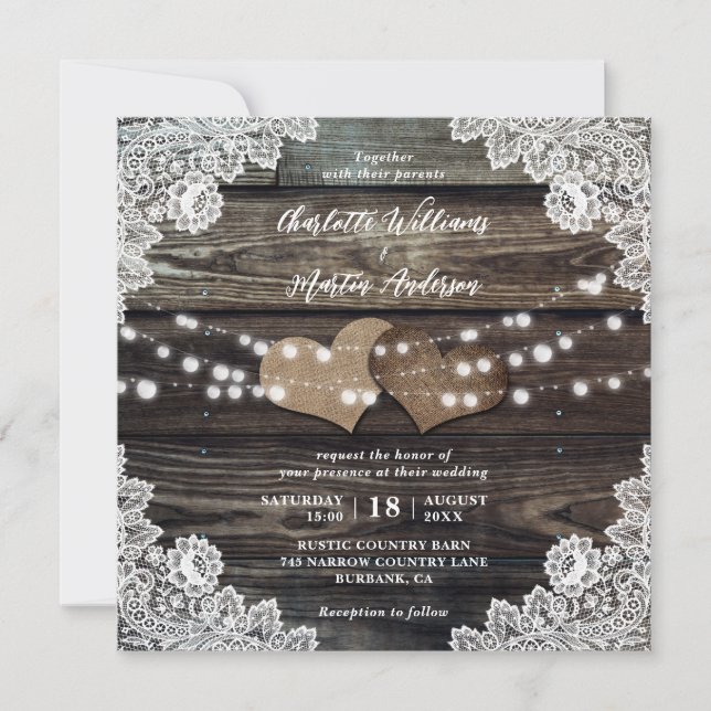 Country Wood Burlap Hearts Blumenlace Hochzeit Einladung (Vorderseite)
