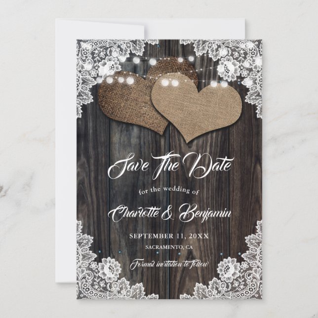 Country Wood Burlap Hearts Blumenlace Hochzeit Save The Date (Vorderseite)