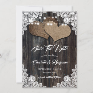 Country Wood Burlap Hearts Blumenlace Hochzeit Save The Date
