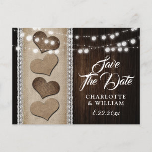 Country Wood Burlap Lace String Lights Hochzeit Ankündigungspostkarte
