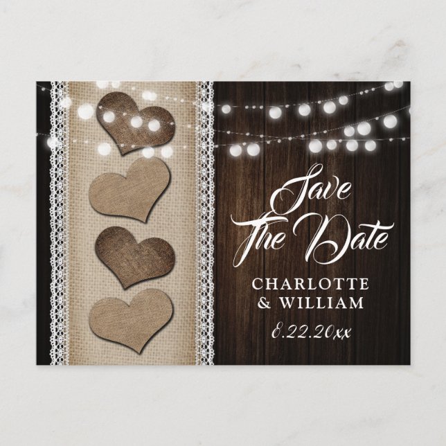 Country Wood Burlap Lace String Lights Hochzeit Ankündigungspostkarte (Vorderseite)