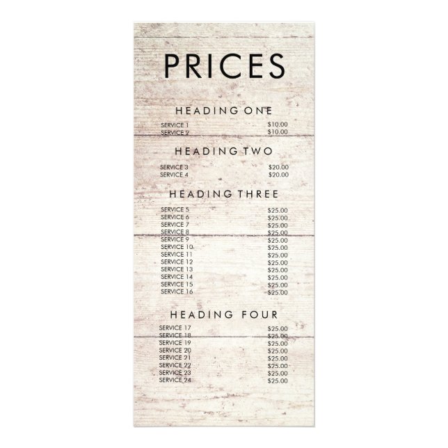 Country Wood Grunge Antique Menu Prix (Devant)