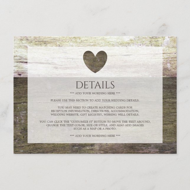 Country Wood Heart Details zur Hochzeit Begleitkarte (Vorderseite)