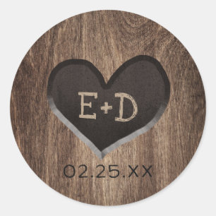 Country Wood Heart Monogram Rustic Wedding Runder Aufkleber