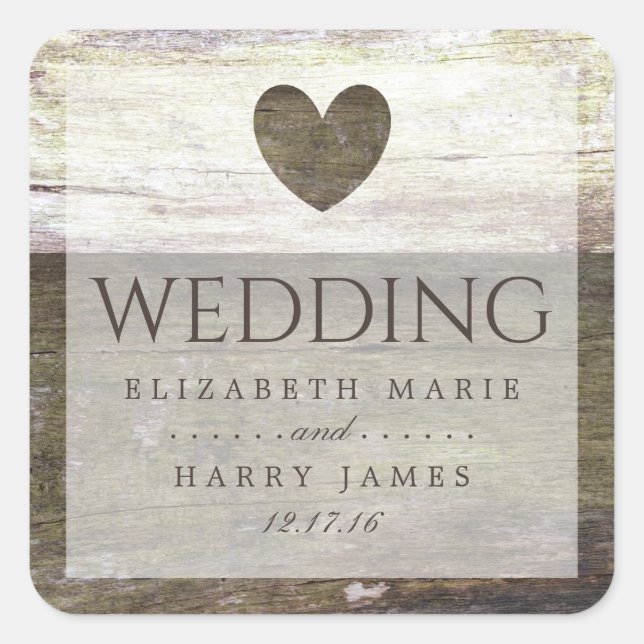 Country Wood Heart Wedding Quadratischer Aufkleber (Vorderseite)