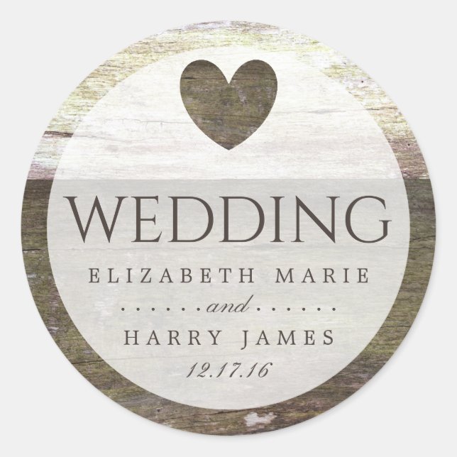 Country Wood Heart Wedding Runder Aufkleber (Vorderseite)