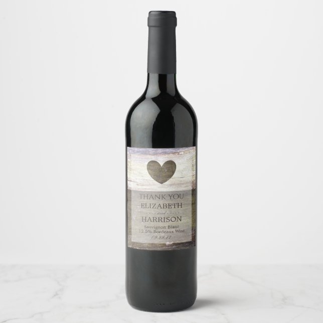 Country Wood Heart Wedding Weinetikett (Vorderseite)