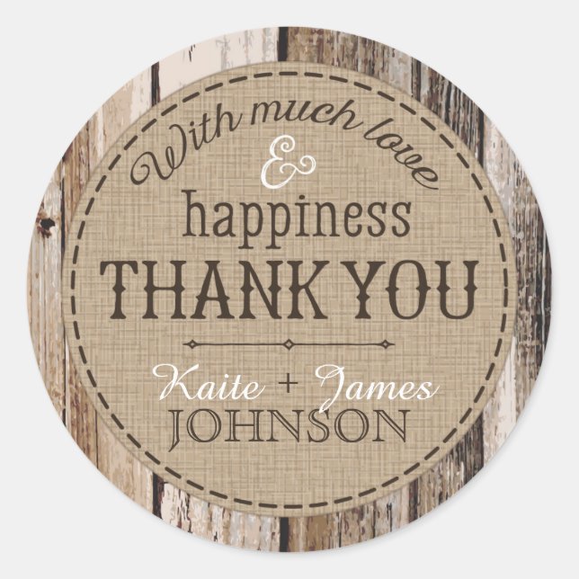 Country Wood Planks Rustikaler Dank für Ihr Hochze Runder Aufkleber (Vorderseite)
