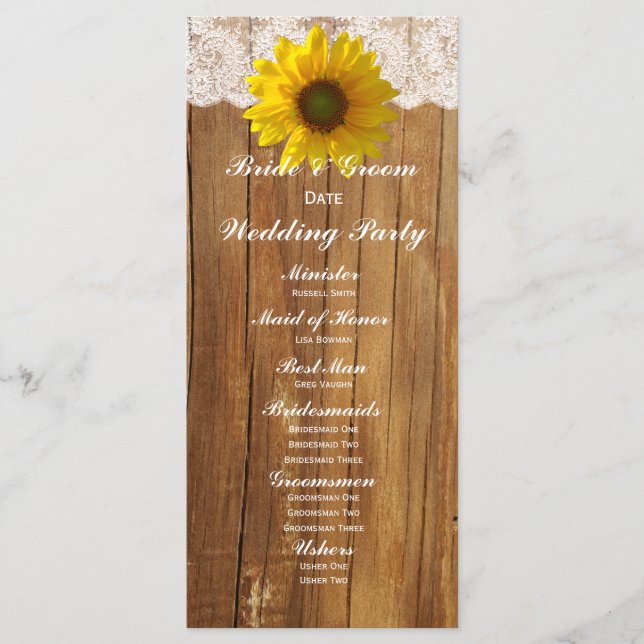 Country Wood Sunflower Lace Hochzeitsprogramm Programm (Vorderseite)