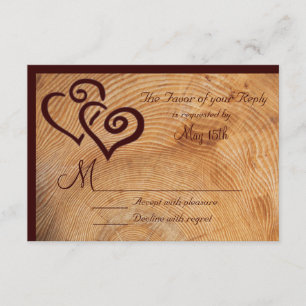 Country Wood Tree Rings Double Hearts Wedding RSVP Karte