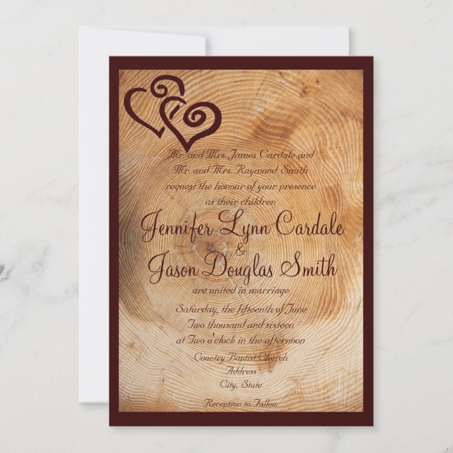 Country Wood Tree Rings Hearts Hochzeitseinladunge Einladung (Vorderseite)