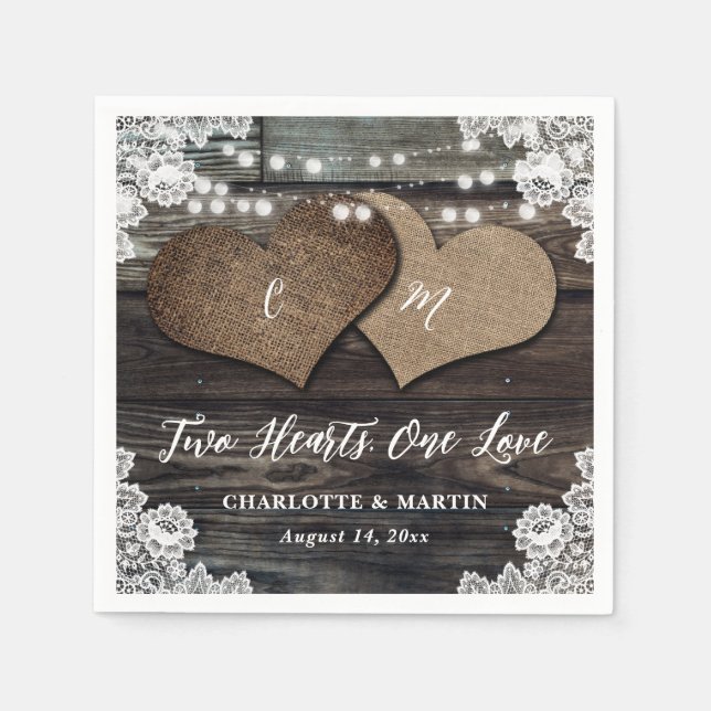 Country Wood Two Hearts Blumenhochzeit Serviette (Vorderseite)
