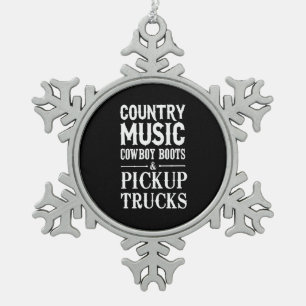 Countrymusik, Cowboystiefel u. Lieferwagen-LKWs Schneeflocken Zinn-Ornament