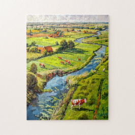 Countryside with Cows and Stream Fantasy Painting