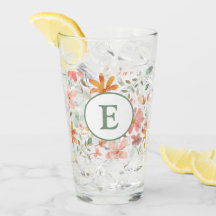 Coupe en verre floral Pastel aquarelle avec Monogr