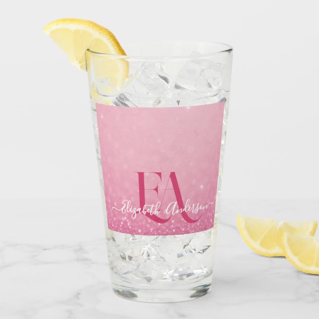 Coupe en verre Parties scintillant rose avec nom e (Devant glace)