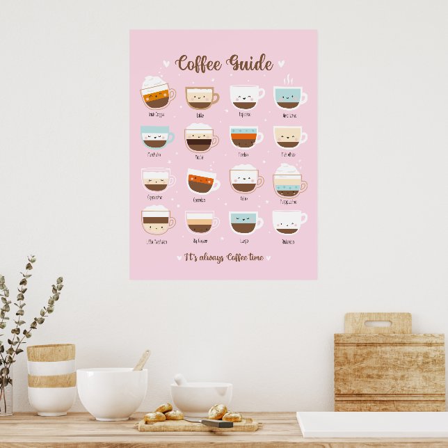 Coupes de café mignonnes sur affiche rose pâle (Cuisine)