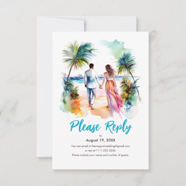 Couple à Beach Wedding Watercolor Réponse RSVP (Devant)
