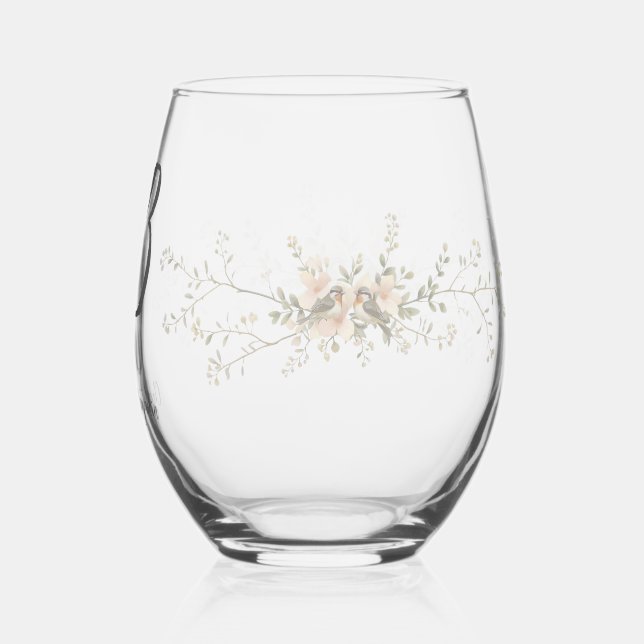 Couple Birds Monogram flowers Elegant Wedding  Weinglas Ohne Stiel (Rückseite)
