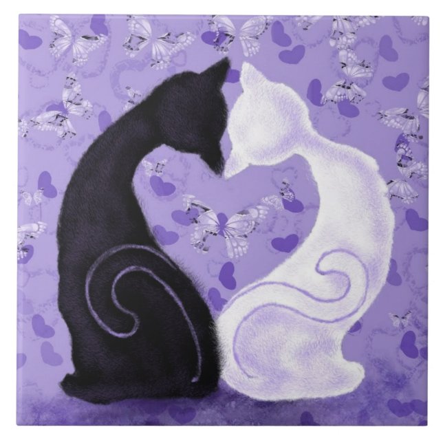 Couple Cats Lila Keramik Tile - Schöne Liebe Fliese (Vorderseite)