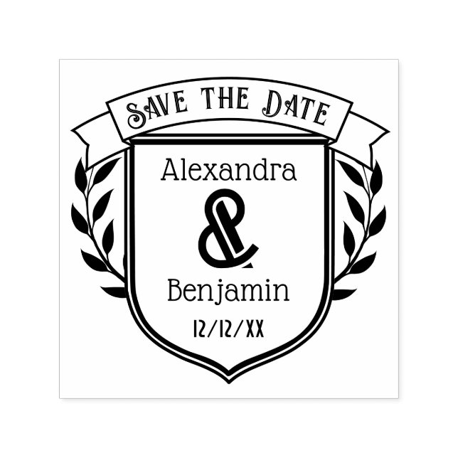 Couple Crest Ribbon Botanical Save the Date #2 Permastempel (Design)