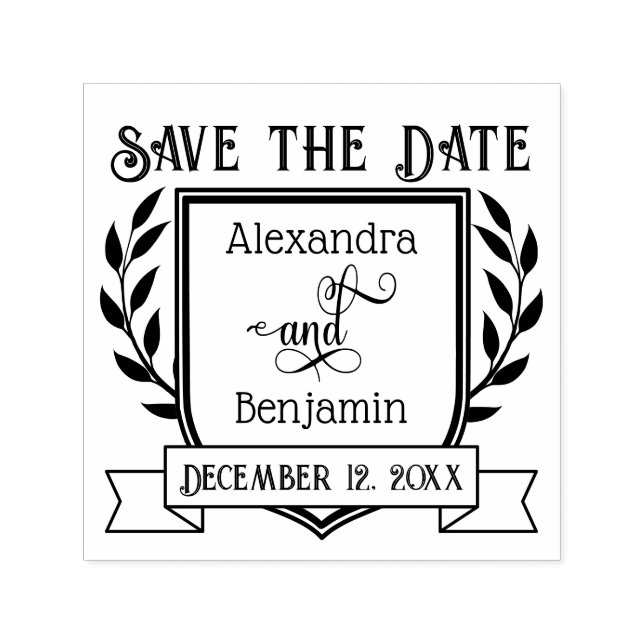 Couple Crest Ribbon Botanical Save the Date #2 Permastempel (Design)