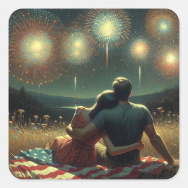 Couple Cuddling unter dem Amerikanische Unabhängig Quadratischer Aufkleber