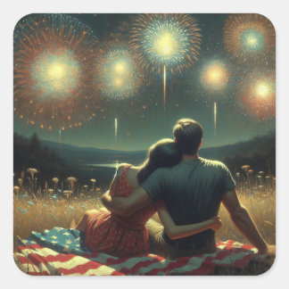 Couple Cuddling unter dem Amerikanische Unabhängig Quadratischer Aufkleber