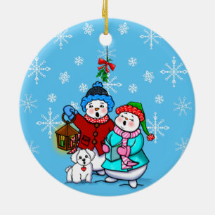 Couple de neige avec ornement de Noël de chien