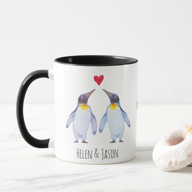 Couple de pingouin personnalisé Nom Mug personnali (Avec donut)
