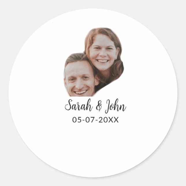Couple face photo add name date simple wedding  runder aufkleber (Vorderseite)