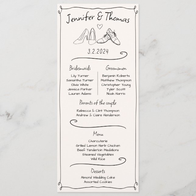 Couple Facts Doodle Wedding Shoes Program & Menu Programm (Rückseite)