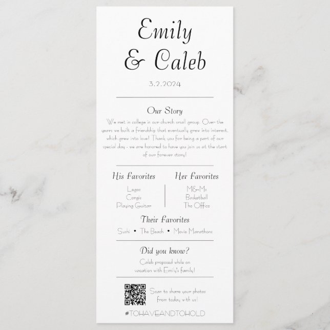 Couple Facts Minimalistisch Wedding Program & Menu Programm (Vorderseite)