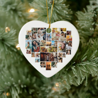 Couple Family Heart Shaped Photo Collage  Keramik Ornament