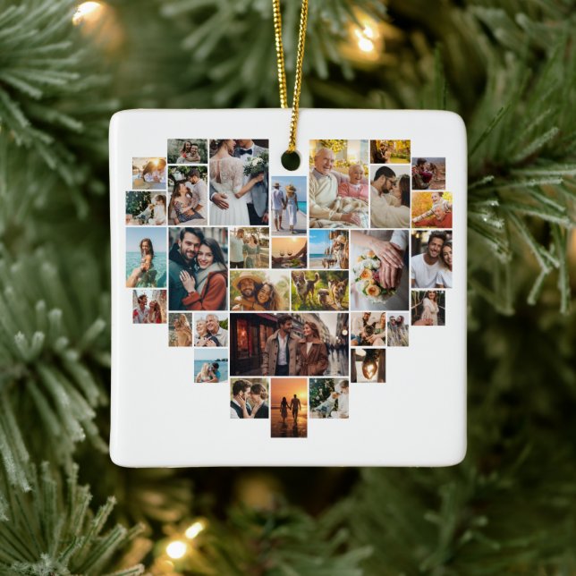 Couple Family Heart Shaped Photo Collage  Keramikornament (Baum)
