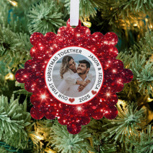 Couple First Christmas Name Foto Red Ornament Karte