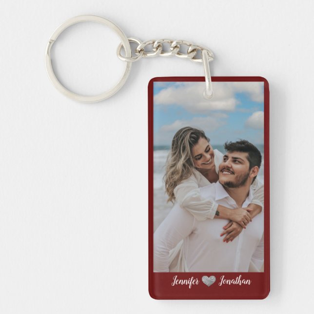 Couple Foto Glitzer Silver Heart Burgundy Names Schlüsselanhänger (Vorderseite)