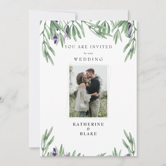 Couple Foto Lavender Foliage Modern Wedding Invit Einladung (Vorderseite)