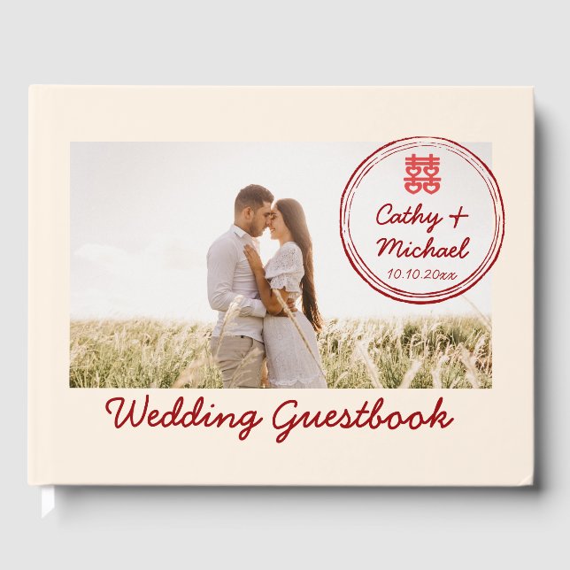 Couple Foto mit Briefmarke Logo Chinesische Hochze Gästebuch (Vorderseite)