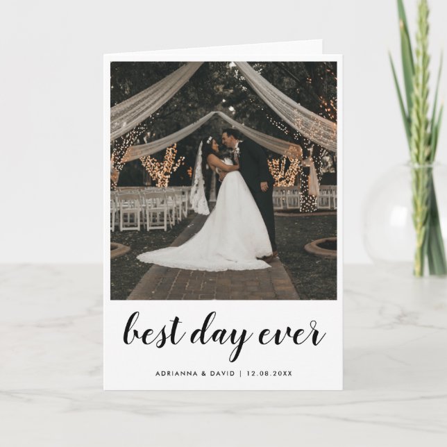Couple Foto Wedding Best Day Ever Modern Script Dankeskarte (Vorderseite)