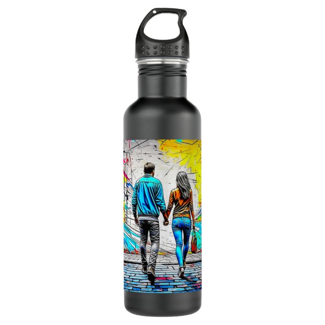 Couple Holding Hands Graffiti Street Art Edelstahlflasche (Vorderseite)