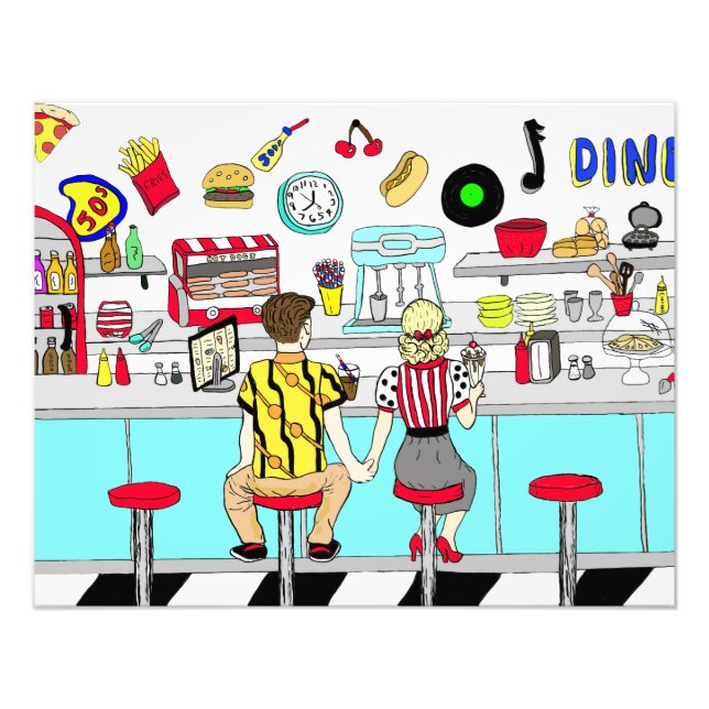Couple Holding Hands in Diner aus den 50er Jahren Fotodruck (Vorne)