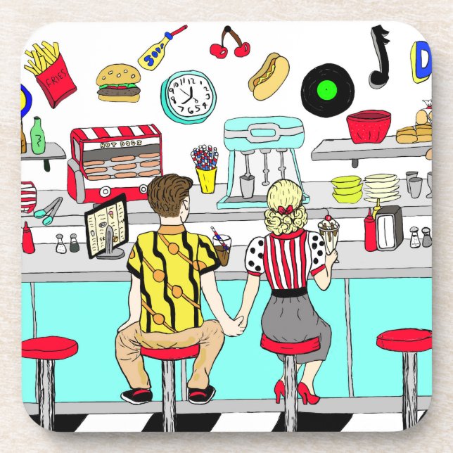 Couple Holding Hands in Diner aus den 50er Jahren Getränkeuntersetzer (Vorderseite)