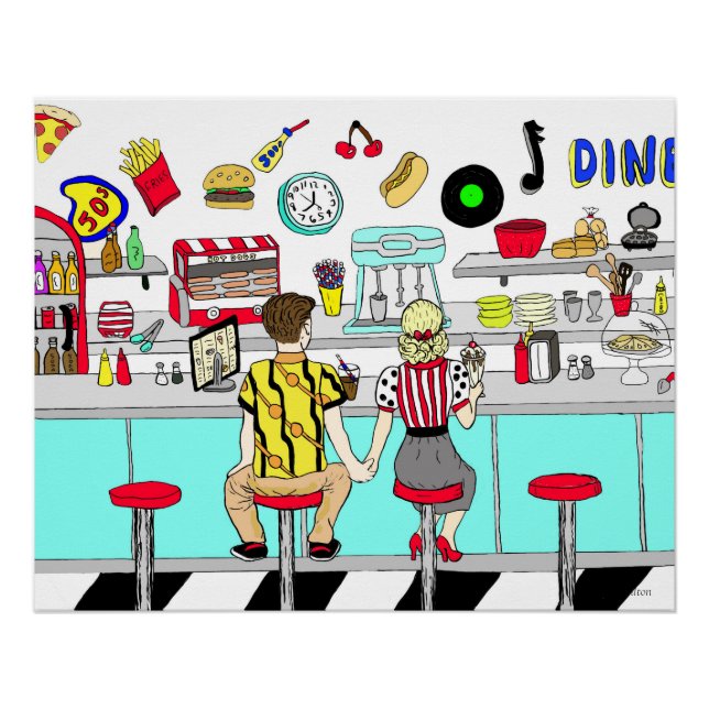 Couple Holding Hands in Diner aus den 50er Jahren Poster (Vorderseite)