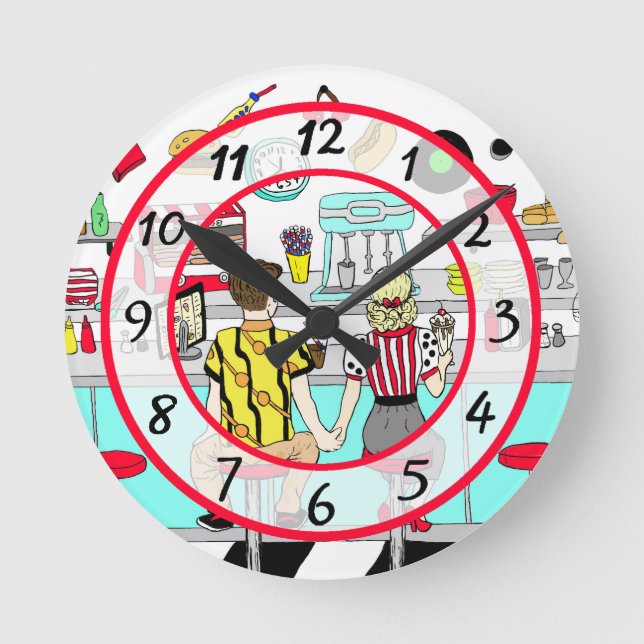 Couple Holding Hands in Diner aus den 50er Jahren Runde Wanduhr (Vorderseite)